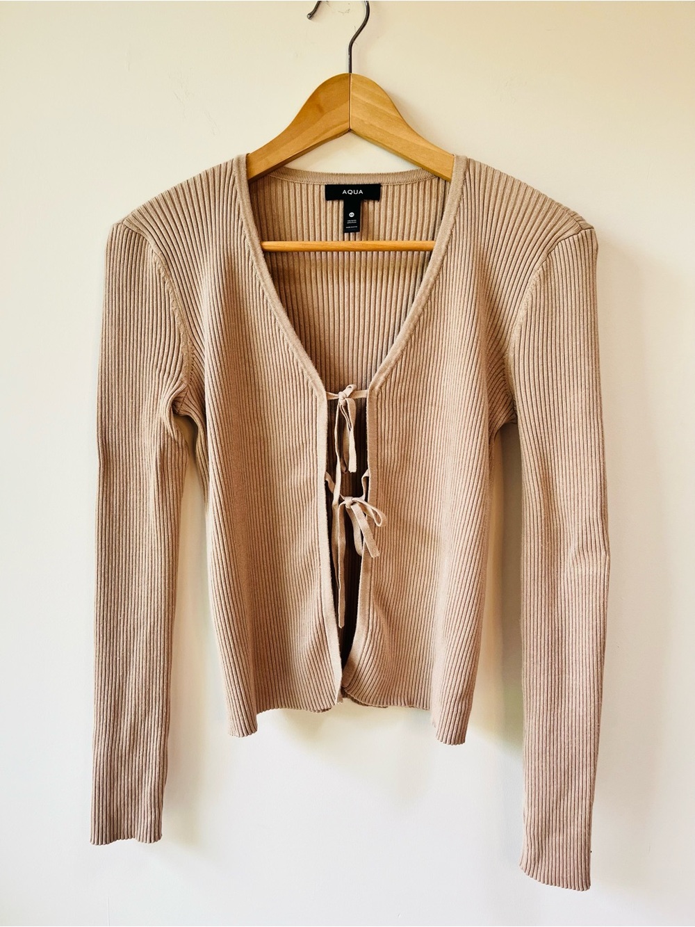 Aqua by Bloomingdale’s Ribbed Tie-Front Cardigan in Beige - XS